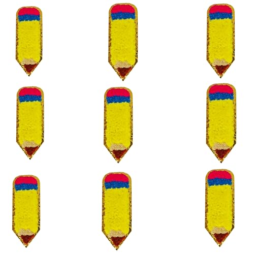 Schulbedarf Bügelflicken Bleistift Buntstifte bestickte Applikation Pailletten Bügelflicken Gold Glitzer Trim für DIY Kinder Kleidung Jeans T-Shirt Pullover Tasche Rucksack Beginn Dekor (Stil 3) von JINMOMOMO