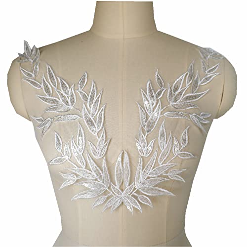 Spitzenaufnäher, Weißgold, Blätter, bestickter Stoff, Pailletten, Partykleid, Applikationen, Hals-Aufnäher, Aufnäher, für Hochzeitsdekoration, Kleiderdekoration (weiß) von JINMOMOMO