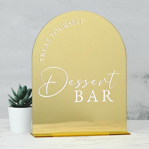 Acryl-Schild für Dessert-Bars, goldfarben, verspiegelt, gewölbt, Acryl-Hochzeitsschild und Sockel, 0,3 cm dick, Dessert-Bar-Tisch-Beschilderung für Hochzeit und Party (Gold, 20,3 x 25,4 cm) von JINMURY
