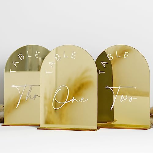 Goldener Spiegelbogen für Hochzeitstischnummern 1-15 mit Ständer, 12,7 x 17,8 cm, Acryl-Schild mit Halter, Goldbogen, Acryl-Tischnummern für Hochzeitsempfang, Tischdekoration (goldfarbener von JINMURY