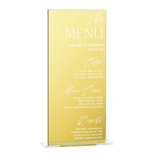 JINMURY 10 Stück goldenes Spiegel-Acrylschild mit Ständer, 10 x 21,6 cm, blanko, Acryl-Tischschilder und Sockel, DIY-Hochzeits-Menüschild, Tischnummern von JINMURY