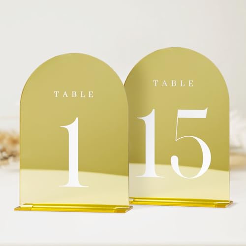 JINMURY Gold Hochzeit Tischnummern 1–15 mit Ständer, 15 Stück, 12,7 x 17,8 cm, goldenes Acrylbogen mit Ständer, goldfarbener Spiegel, Acrylbogen, Tischnummern für Hochzeitsempfang (12,7 x 17,8 cm, von JINMURY
