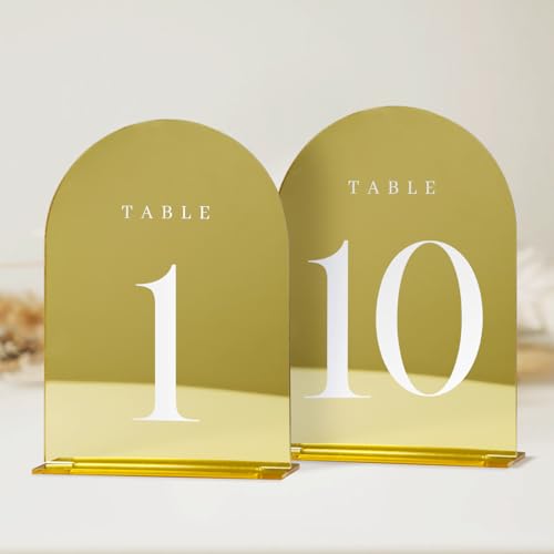 JINMURY Gold Spiegel-Tischnummern für Hochzeit, 10 Stück, 12,7 x 17,8 cm, goldfarbener Spiegelbogen, Acryl-Tischschilder mit Ständer, Acryl-Tischnummern 1–10, perfekt für Hochzeitsempfang (12,7 x 17,8 von JINMURY