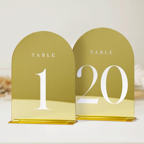 JINMURY Gold Spiegelbogen Tischnummern für Hochzeit, 20 Stück, 12,7 x 17,8 cm, goldener Spiegelbogen, Acryl-Tischschilder mit Ständer, Acryl-Tischnummern 1–20, perfekt für Hochzeitsempfang (12,7 x von JINMURY
