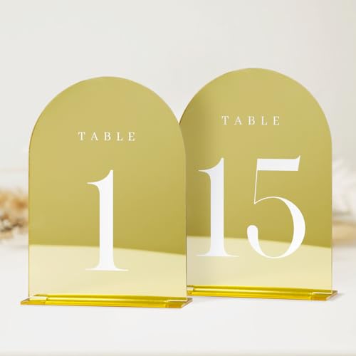 JINMURY Goldene Hochzeitstischnummern 1-15 mit Ständer, 15 Stück, 12,7 x 17,8 cm, goldfarben, verspiegelt, Acrylbogen mit Ständer, Acrylbogen, Tischnummern für Hochzeitsempfang JINMURY Goldene Hochzeitstischnummern 1-15 mit Ständer, 15 Stück, 12,7 x 17,8 cm, goldfarben, verspiegelt, Acrylbogen mit Ständer, Acrylbogen, Tischnummern für Hochzeitsempfang von JINMURY