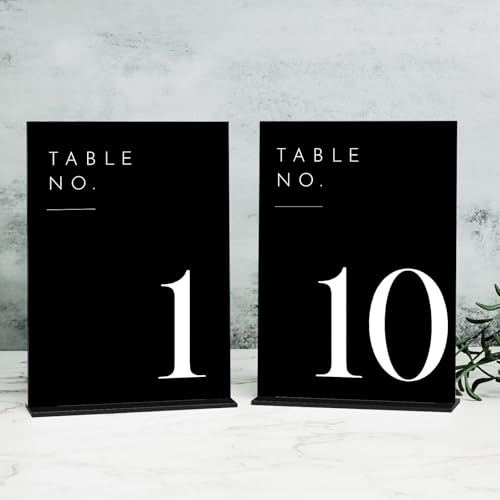 JINMURY Schwarze Hochzeitstischnummern 1-10 mit Ständer, 12,7 x 17,8 cm, schwarze Acryl-Tischnummern, perfekt für Hochzeitsempfang, Party, Jubiläum, Event (schwarzes Schild, weiße Schrift, Zahl 1-10, von JINMURY