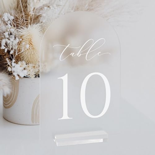 JINMURY Tischnummern für Hochzeit, 12,7 x 17,8 cm, gewölbte Acryl-Tischnummern 1-10 mit Acryl-Ständer, mattierter Acrylbogen, Tischschild mit Halter für Tafelaufsatz, Empfang, Hochzeit von JINMURY