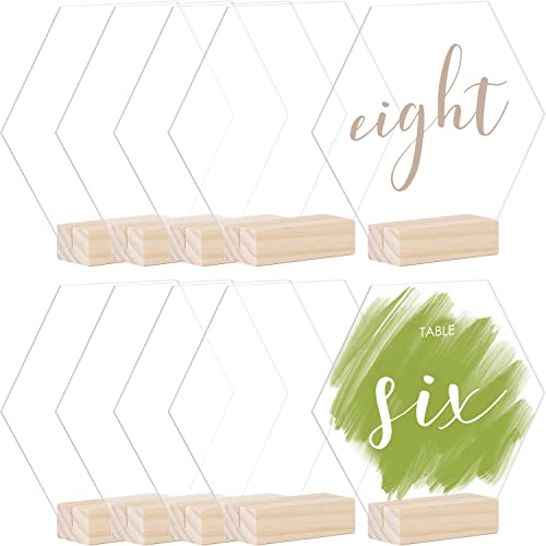 Transparentes sechseckiges Acrylschild mit Holzständer, 10 Stück, 14 cm, blanko, sechseckige Tischschilder mit Holzsockel, DIY-Acrylschild für Hochzeitstischnummern von JINMURY