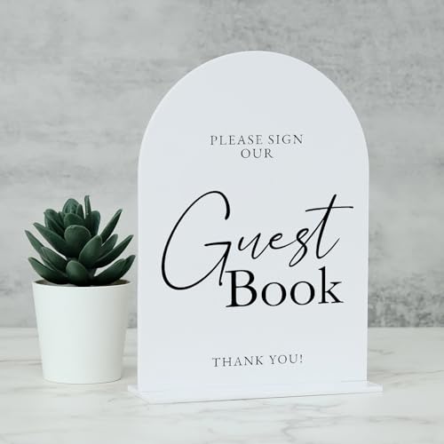 Weißer Bogen Acryl-Hochzeitsschild, 12,7 x 17,8 cm, Gästebuch-Schild und Sockel, 0,3 cm dick, modernes Kalligraphie-Tischschild aus Acryl für Hochzeit und Event-Party von JINMURY