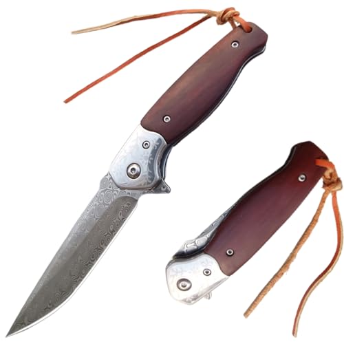 JINPIKER Damastmesser Klappmesser Damast Edelstahl - Taschenmesser Holzgriff, Outdoor Survival Messer Rettungsmesser für Camping, Jagd(Typ 8) von JINPIKER