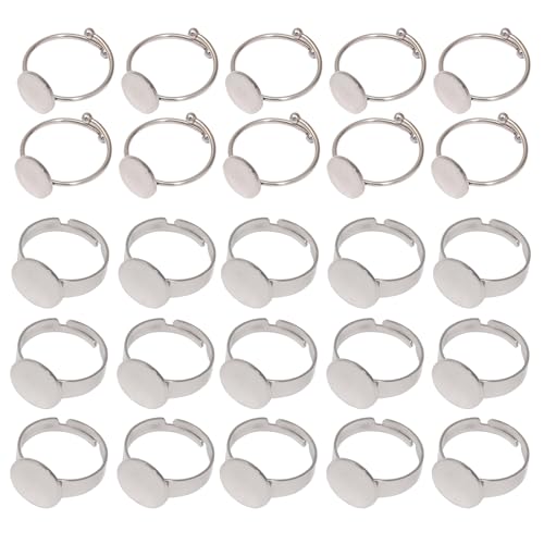 Blankoringe, versilbert, verstellbar, flach, blanko, Schmuckherstellung, 25 Stück, DIY-Silber-Binderinge für Schmuckherstellung, versilberte, runde Sockelfassungen, 25 Stück von JINPINMAO
