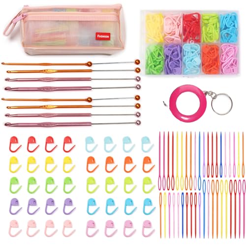 JINPINMAO Häkelnadel-Set mit transparenter Aufbewahrungsbox, Häkel- und Strickzubehör, mehrfarbige Maschenmarkierer, Haken-Set 3 mm - 6 mm, Maßband, Kunststoffnadel-Set (Rosa und Orange) von JINPINMAO