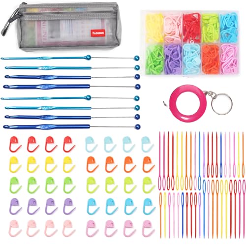 JINPINMAO Häkelnadel-Set mit transparenter Aufbewahrungsbox, Häkel- und Strickzubehör, mehrfarbige Maschenmarkierer, Haken-Set 3 mm - 6 mm, Maßband, Kunststoffnadel-Set (blau) von JINPINMAO
