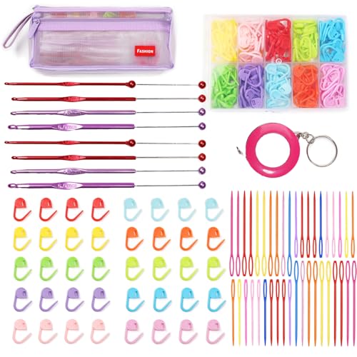 JINPINMAO Häkelnadel-Set mit transparenter Aufbewahrungsbox, Häkel- und Strickzubehör, mehrfarbige Maschenmarkierer, Haken-Set 3 mm - 6 mm, Maßband, Kunststoffnadel-Set (rot und lila) von JINPINMAO