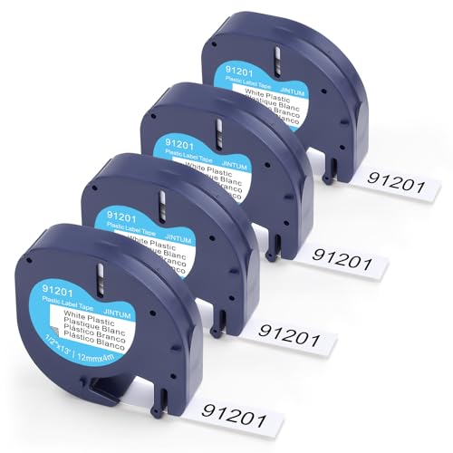 JINTUM 4X Kompatible für Dymo LetraTag Tape 91221 91201 Plastic White Tape 12mm x 4m Ersatz für Letratag Etikettenband Plastic Schwarz auf Weiß für LT110T LT100H LT100T QX50 XR XM, S0721660 von JINTUM