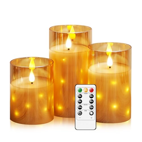 JINYANIA Glas Flammenlose LED Kerzen, Batteriebetriebene Stumpenkerzen mit eingebetteter Sternschnur-Lichterkette, Mit Fernbedienung und Timer, Home Dekoration, Echtes Wachs, 3er-Set（Gold） von JINYANIA