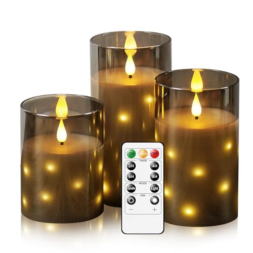 JINYANIA Glas Flammenlose LED Kerzen, Batteriebetriebene Stumpenkerzen mit eingebetteter Sternschnur-Lichterkette, Mit Fernbedienung und Timer, Home Dekoration, Echtes Wachs, 3er-Set（Grau） von JINYANIA
