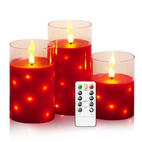 JINYANIA Glas Flammenlose LED Kerzen, Batteriebetriebene Stumpenkerzen mit eingebetteter Sternschnur-Lichterkette, Mit Fernbedienung und Timer, Home Dekoration, Echtes Wachs, 3er-Set（Rot） von JINYANIA