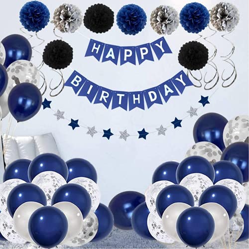 Geburtstag Dekoration für Männer, Geburtstag Dekoration Banner, Jungen Silber und Marineblau Geburtstag Ballon, Konfetti Spirale Ballons, Happy Birthday Set von JINYUNMIN