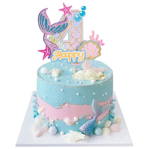 Mermaid Tortendeko Sea Kuchen Deko Cake Topper 4 Jahre Glitter Kuchendekoration für Mädchen Geburtstag, Jubiläum, Thema Party Mermaid Tortendeko Sea Kuchen Deko Cake Topper 4 Jahre Glitter Kuchendekoration für Mädchen Geburtstag, Jubiläum, Thema Party von JIOLINK