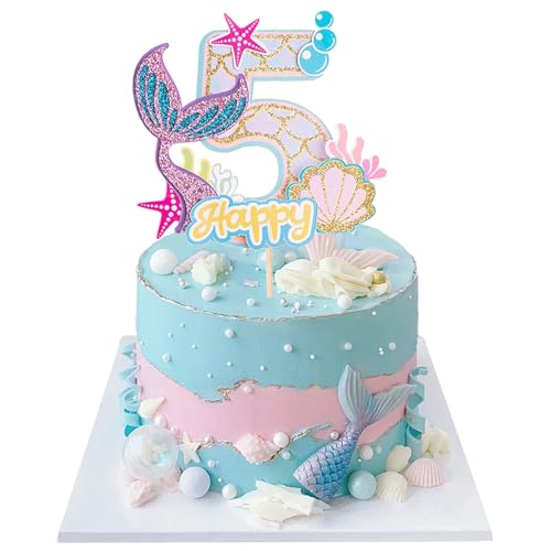 Mermaid Tortendeko Sea Kuchen Deko Cake Topper 5 Jahre Glitter Kuchendekoration für Mädchen Geburtstag, Jubiläum, Thema Party Mermaid Tortendeko Sea Kuchen Deko Cake Topper 5 Jahre Glitter Kuchendekoration für Mädchen Geburtstag, Jubiläum, Thema Party von JIOLINK
