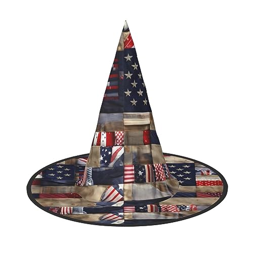 JIPOFD Amerikanische Flagge Patchwork Halloween Hexe Kostüm Zubehör Spitzkappe Hexenhut Faltbare Halloween Hüte 2 Stück von JIPOFD