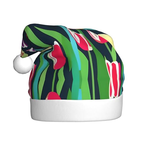 JIPOFD Weihnachtsmütze mit bunten Tulpen, Weihnachtsmütze für Erwachsene für Damen und Herren, weich und bequem, verdickte Nikolausmütze JIPOFD Weihnachtsmütze mit bunten Tulpen, Weihnachtsmütze für Erwachsene für Damen und Herren, weich und bequem, verdickte Nikolausmütze von JIPOFD