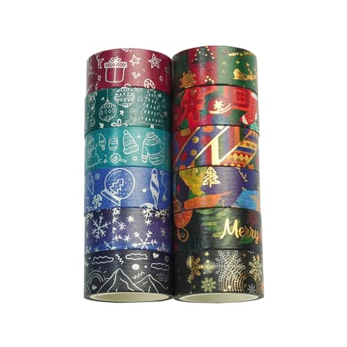 JISADER 12-teiliges Weihnachts-Washi-Tape-Set, Weihnachts-Geschenkband, Heißprägepapier-Abdeckband für Geschenkverpackungen, Partygeschenke von JISADER