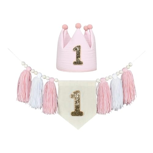 JISADER Hochstuhl Banner Und Kronenhut, Zubehör für Die Erste Geburtstagsparty, Fotorequisiten mit Quastengirlande Aus Holzperlen, Style B JISADER Hochstuhl Banner Und Kronenhut, Zubehör für Die Erste Geburtstagsparty, Fotorequisiten mit Quastengirlande Aus Holzperlen, Style B von JISADER