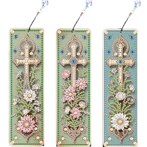 JISHSHAY 3 Stück Diamond Painting Lesezeichen Blumen Diamant Painting Lesezeichen Kreuz Diamantmalerei Bookmark Diamant Malerei Book Marks Diamaond Malerei Mosaik Bastelset Erwachsene Book Lover von JISHSHAY