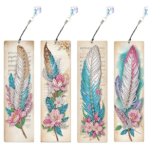 JISHSHAY 4 Pack Diamond Painting Lesezeichen Feder Diamant Painting Lesezeichen Blumen Diamantmalerei Bookmark Diamant Malerei Book Marks Mosaik Bastelset Erwachsene Diamaond Malerei Bookmarks von JISHSHAY