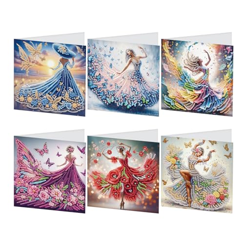 JISHSHAY 6 Pack Diamond Painting Grußkarten Frau mit Kleid Diamant Painting Bilder Hochzeitskarten Basteln Erwachsene Karte Danke Mosaik Bastelset Erwachsene Geburtstagskarten mit Umschlag von JISHSHAY