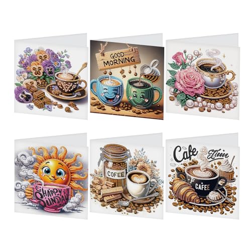 JISHSHAY 6 Pack Diamond Painting Grußkarten Kaffee Diamant Painting Bilder Hochzeitskarten Kaffee Basteln Erwachsene Geburtstagskarten Mosaik Bastelset Erwachsene Karte Danke mit Umschlag von JISHSHAY