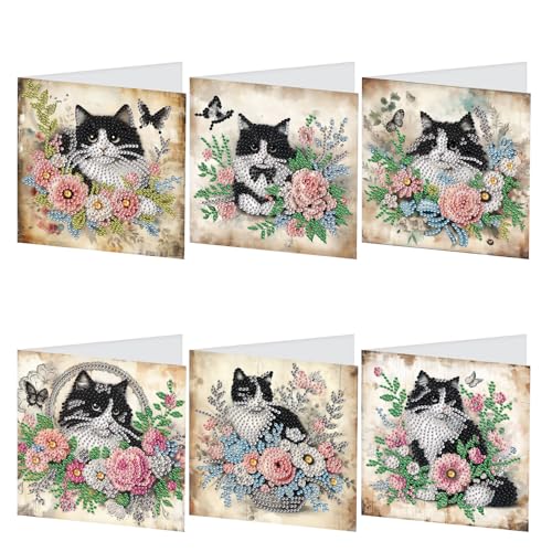 JISHSHAY 6 Pack Diamond Painting Grußkarten Katze Diamant Painting Bilder Glückwunschkarten Blumen Basteln Erwachsene Geburtstagskarten Mosaik Bastelset Erwachsene Karte Danke mit Umschlag von JISHSHAY