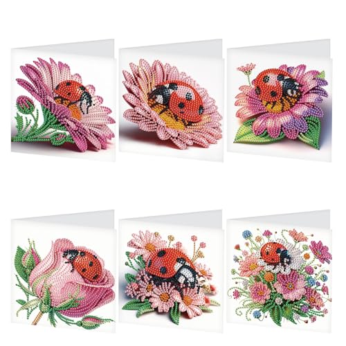 JISHSHAY 6 Pack Diamond Painting Grußkarten Marienkäfer Diamant Painting Bilder Glückwunschkarten Blumen Basteln Erwachsene Geburtstagskarten Mosaik Bastelset Erwachsene Karte Danke mit Umschlag von JISHSHAY