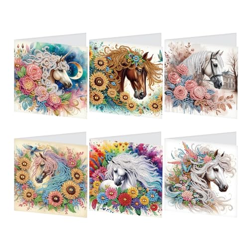 JISHSHAY 6 Pack Diamond Painting Grußkarten Pferd Diamant Painting Glückwunschkarten Blumen Basteln Erwachsene Geburtstagskarten Mosaik Bastelset Erwachsene Crystal Art Dankeskarten mit Umschlag von JISHSHAY