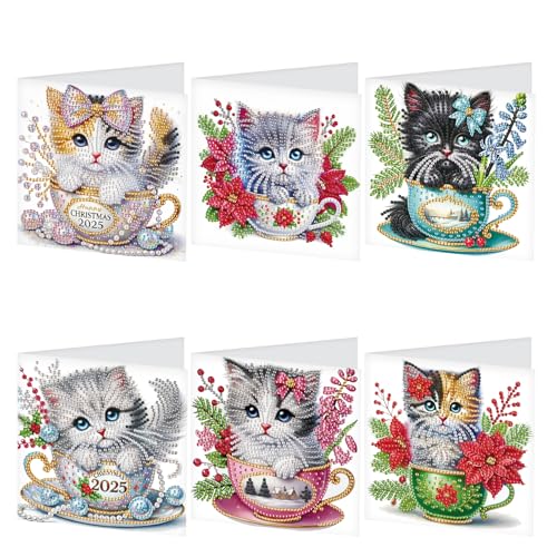 JISHSHAY 6 Set Diamond Painting Grußkarten Katze Diamant Painting Glückwunschkarten Tiere Basteln Erwachsene Geburtstagskarten Mosaik Bastelset Erwachsene Katze Crystal Art Dankeskarten mit Umschlag von JISHSHAY