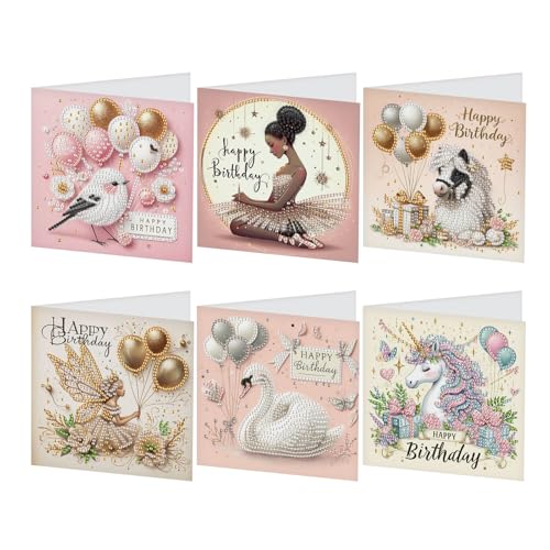 JISHSHAY 6 Stück Diamond Painting Karten Geburtstag Bild Diamant Grußkarte Diamant Painting Birthday Card Stickerei Diamant Postkarte Diamant Malerei Erwachsene Geist Tier Happy Birthday von JISHSHAY