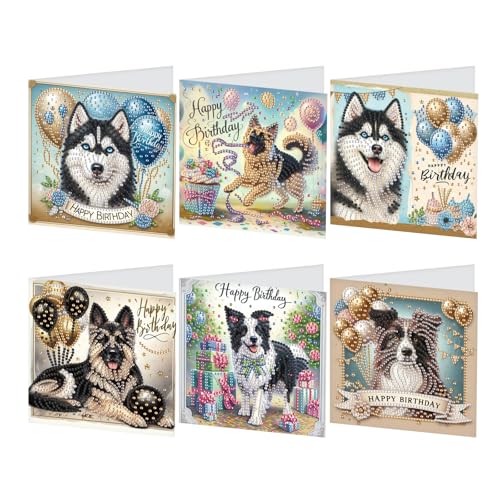 JISHSHAY 6 Stück Diamond Painting Karten Geburtstag Bild Diamant Grußkarte Diamant Painting Birthday Card Stickerei Diamant Postkarte Diamantmalerei Erwachsene Hund Happy Birthday von JISHSHAY