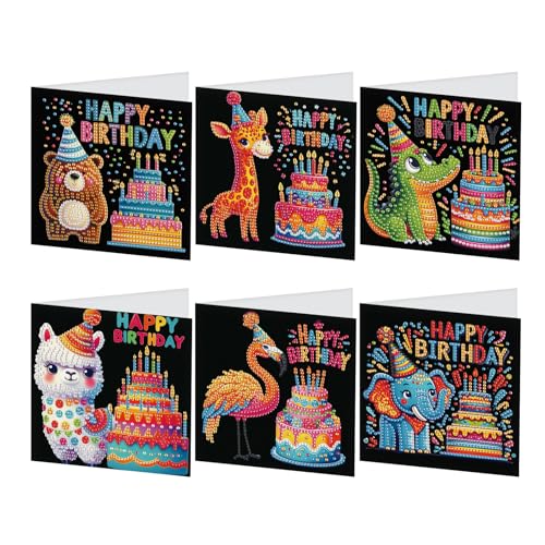 JISHSHAY 6 Stück Diamond Painting Karten Geburtstag Bild Diamant Grußkarte Diamant Painting Birthday Card Stickerei Diamant Postkarte Diamantmalerei Erwachsene Tier Happy Birthday von JISHSHAY