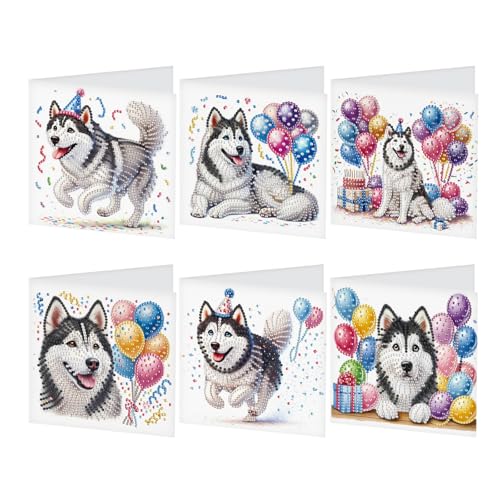 JISHSHAY 6 Stück Diamond Painting Karten Geburtstag Bild Diamant Grußkarte Diamant Painting Geburtstag Card Stickerei Diamant Erwachsene Postkarte Diamant Malerei Valentinstag Hund Husky von JISHSHAY