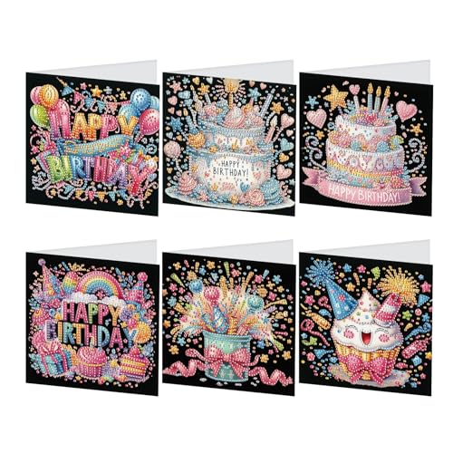 JISHSHAY 6er Set Diamond Painting Geburtstagskarten Geburtstagskuchen Diamant Painting Karten Happy Birthday Basteln Erwachsene Karte Geburtstag Mosaik Bastelset Erwachsene Birthday Card mit Umschlag von JISHSHAY