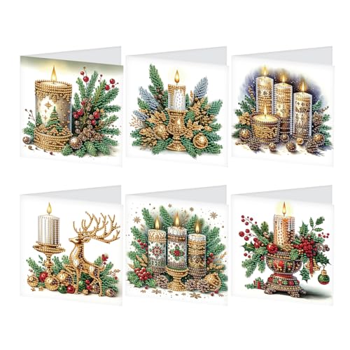 JISHSHAY 6er Set Weihnachten Diamond Painting Karten Weihnachten Kerzen Diamant Painting Geburtstagskarten Mosaik Bastelset Erwachsene Grußkarten Crystal Art Dankeskarten Greeting Cards mit Umschlag von JISHSHAY