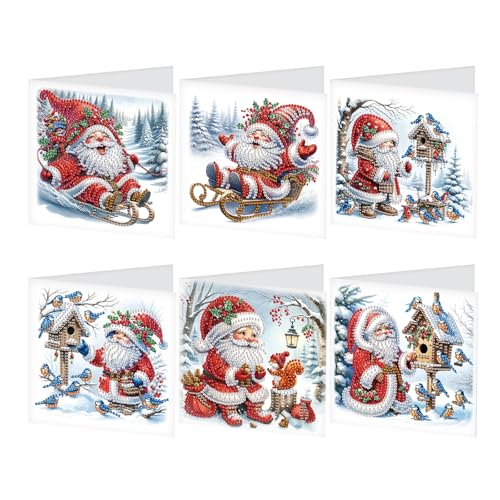 JISHSHAY 6er Set Weihnachten Diamond Painting Karten Weihnachten Weihnachtsmann Diamant Painting Geburtstagskarten Mosaik Bastelset Erwachsene Grußkarten Crystal Art Dankeskarten Greeting Cards von JISHSHAY