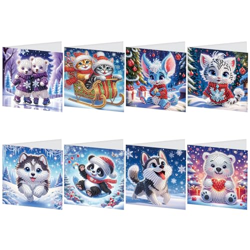 JISHSHAY 8er Set Weihnachten Diamond Painting Karten Weihnachten Tiere Diamant Painting Geburtstagskarten Mosaik Bastelset Erwachsene Grußkarten Crystal Art Dankeskarten Greeting Cards mit Umschlag von JISHSHAY