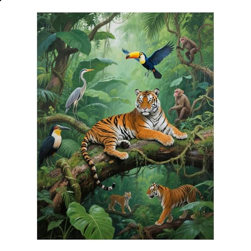 JISHSHAY Diamantmalerei mit Tier-Dschungel, runde Bohrer, Diamantkunst, runde Perlen, Edelsteinmalerei, Mosaik-Kits für Erwachsene, Stickset, Puzzle, Malen nach Zahlen, Wanddekoration, 40 x 50 cm von JISHSHAY