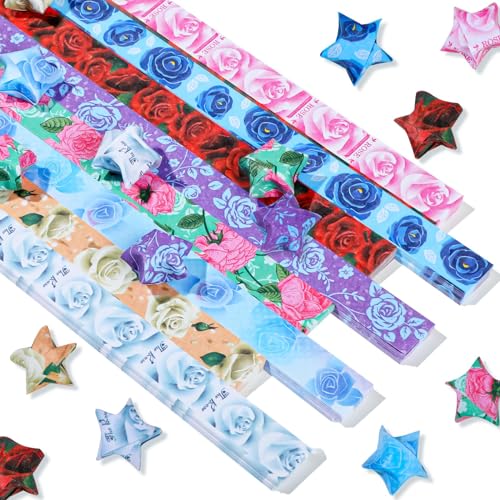 JISUAN Origami-Stern-Papier, Glücksstern-Papierstreifen mit Rosenmuster, Sterne, Origami-Papierstreifen für Bastelarbeiten, Party-Dekoration, 8 Farben, 1360 Stück von JISUAN