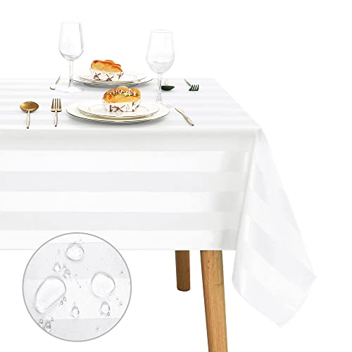 JIUZHEN Abwaschbare Stofftischdecke Gestreifte Tischdecke für Restaurant Tischdecke für Küche,135x200CM,Weiß von JIUZHEN