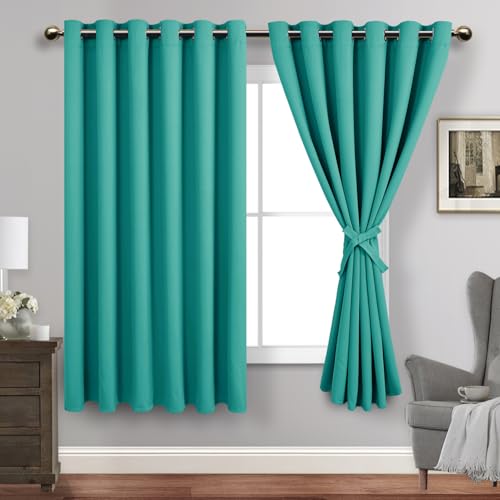 ROSETTE Türkis-Verdunkelungsvorhänge mit Raffhaltern, wärmeisolierend, lichtblockierend und geräuschreduzierend, 2er-Set Fenstervorhänge, 188x160 cm Länge von JIUZHEN