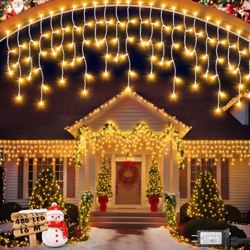 JIXXULVU Eisregen Lichterkette Außen, 486 LED-Weihnachtslicht für draußen, Timer & Speicher, Plug in 8 Modi Hanging Fairy Light mit 108 Tropfen für Haus Traufe Hof Patio (Warmweiß, 16m-486LED) von JIXXULVU